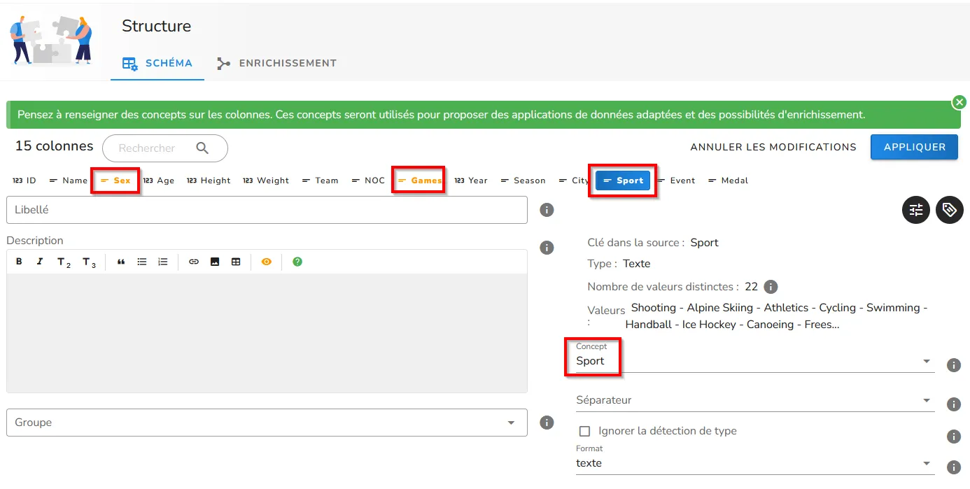 Associez les concepts à votre jeu de données