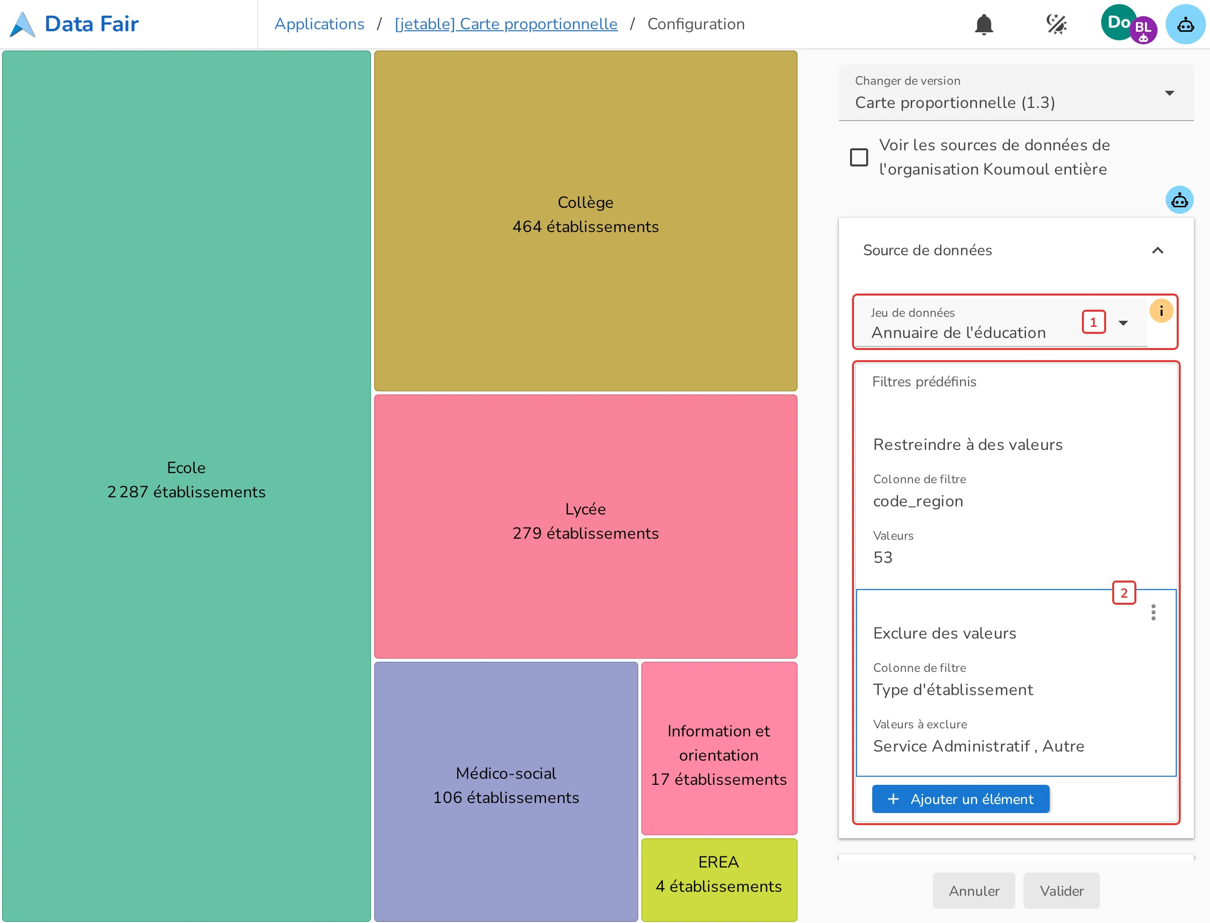 Section Source de données de la configuration de la Carte proportionnelle